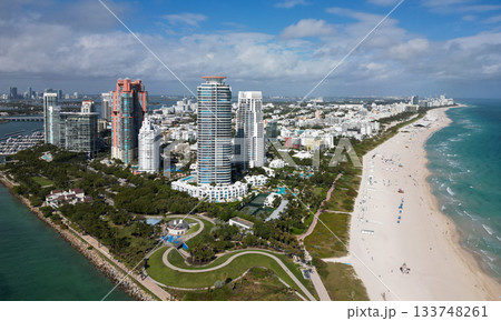 Sea vacation on beach. Aerial marina view. Beach vacation. Coastline of Miami. Miami south beach aerial view. Sea beach seashore and coastline. Summer vacation in Miami, united states 133748261