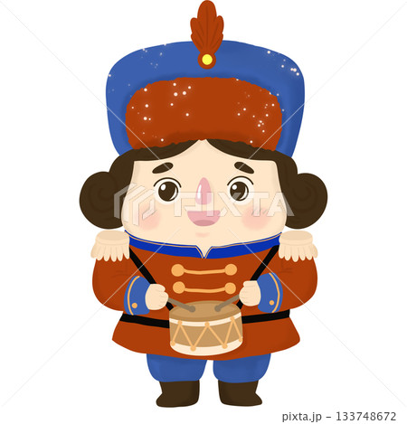 A cute Christmas soldier dressed in a bright red and blue uniform with gold details, holding a festive drum. Nutcracker cartoon kawaii. A cute Christmas soldier dressed in a bright red and blue uniform with gold details, holding a festive drum. Nutcracker cartoon kawaii. 133748672