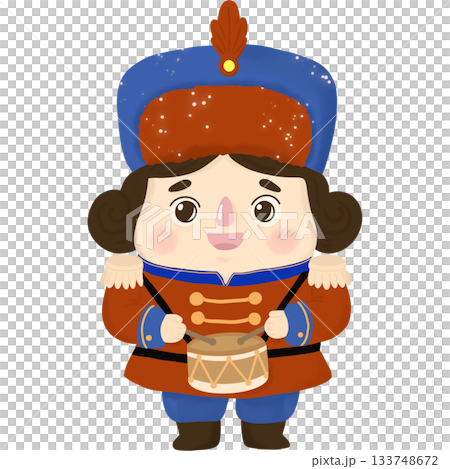 A cute Christmas soldier dressed in a bright red and blue uniform with gold details, holding a festive drum. Nutcracker cartoon kawaii. A cute Christmas soldier dressed in a bright red and blue uniform with gold details, holding a festive drum. Nutcracker cartoon kawaii. 133748672