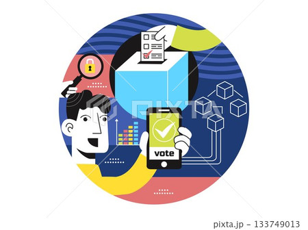 Blockchain Voting System Vector Illustration Showcasing Secure Decentralized Digital Ballots and Transparent Election Technology in a Flat Background Blockchain Voting System Vector Illustration Showcasing Secure Decentralized Digital Ballots and Transparent Election Technology in a Flat Background 133749013