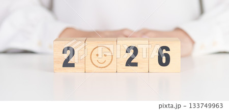 Happy New Year 2026 with Smile block. Satisfaction, feedback, Review, mental health, eco sustainable and good year concept Happy New Year 2026 with Smile block. Satisfaction, feedback, Review, mental health, eco sustainable and good year concept 133749963
