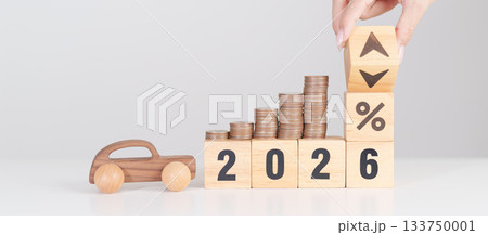 2026 New Year with percentage change to UP and Down arrow, car model and coin stack. Car loan, Interest rate, Insurance, Financial, vehicle Repair, Automobile Tax, mortgage and Maintenance 133750001