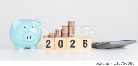 Happy New Year 2026 with piggy bank. Resolution, Goals, Plan, Action, Money Saving, Retirement fund, Pension, Investment and Financial concepts Happy New Year 2026 with piggy bank. Resolution, Goals, Plan, Action, Money Saving, Retirement fund, Pension, Investment and Financial concepts 133750006