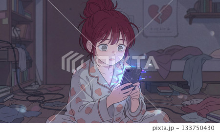 スマホの画面破損に戸惑う女の子のアニメ風イラスト 133750430