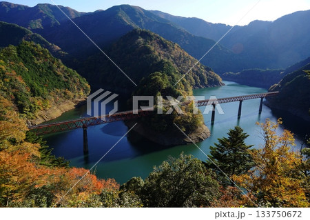紅葉のなか鉄橋にはさまれた奥大井湖上駅　11月静岡128奥大井湖上駅 133750672