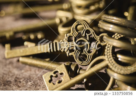 A collection of antique keys displayed on a dark surface. A collection of antique keys displayed on a dark surface. 133750856