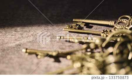 Vintage brass keys laid out in an artistic manner Vintage brass keys laid out in an artistic manner 133750873