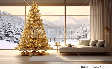 冬,日本のリビングルームのゴールドのクリスマスツリー 133750978