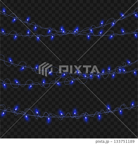 Christmas Blue Glowing String Lights Garland Set on Transparent Background. Vector Christmas Blue Glowing String Lights Garland Set on Transparent Background. Vector 133751189