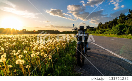 たんぽぽ畑のそばの道路に止められたバイク 133751282
