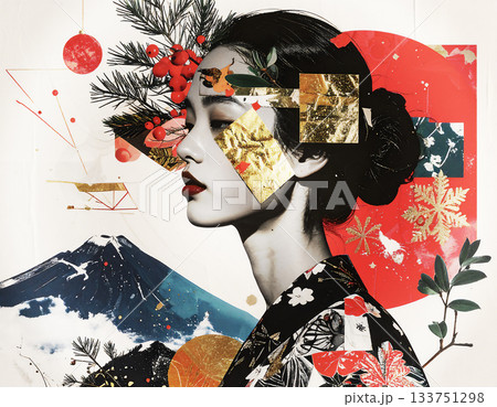 深い青の富士山を背景に、赤と緑の冬の植物で飾られた女性。金色の閃光が飛び散る幻想的なポートレート 133751298