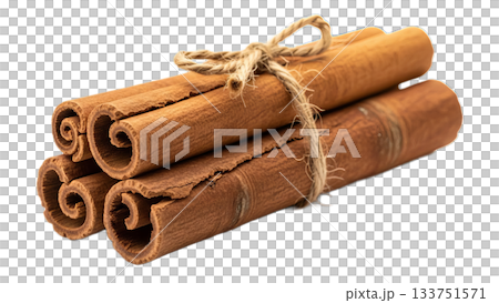 Bundle of dried cinnamon sticks tied with rope isolated on white background 133751571
