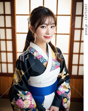 和室でポーズをとる浴衣を着た女性 133751657