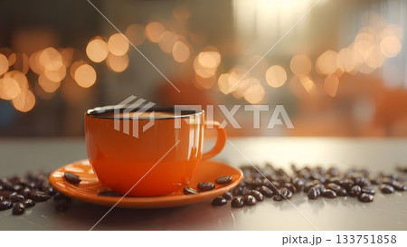 Concentrated espresso shot on a table with fresh beans. An Italian original, pressure-brewed coffee, finely ground and served in a small volume for intense flavor. AI Generated 133751858