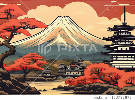 富士山　お城　江戸時代 133751975