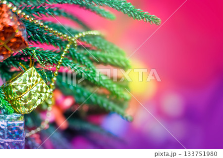 Christmas Tree Gold Ornament Vibrant Bokeh Magenta Background 133751980