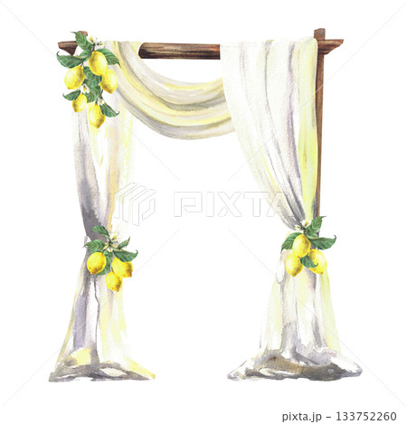 Watercolor Wedding arch decorated with lemon fruit and white curtain drapery isolated from background Italian, Sicilian lemon wedding decoration for festive ceremony, event Hand drawn illustration 133752260