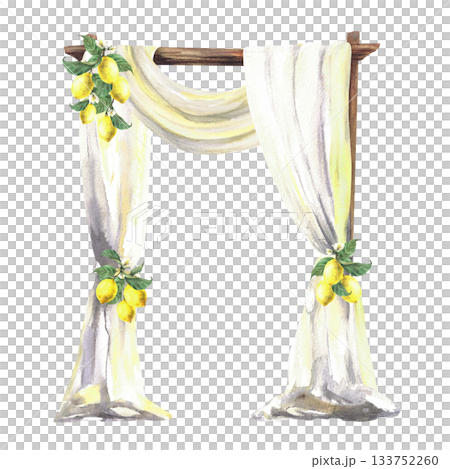 Watercolor Wedding arch decorated with lemon fruit and white curtain drapery isolated from background Italian, Sicilian lemon wedding decoration for festive ceremony, event Hand drawn illustration 133752260