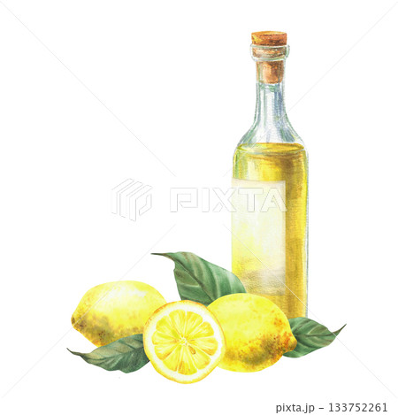 Limoncello bottle with fresh lemons, green leaves and round lemon slices. Hand painted in watercolor. Illustration for summer drinks menu, themed weddings, branding Mediterranean design. isolated 133752261