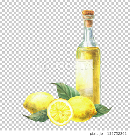 Limoncello bottle with fresh lemons, green leaves and round lemon slices. Hand painted in watercolor. Illustration for summer drinks menu, themed weddings, branding Mediterranean design. isolated 133752261
