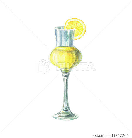 Limoncello glass with lemon sliced. Cocktail, liqueur, yellow beverage or shot drink glass. Realistic Watercolor hand painted for Italian summer drink menu list. illustration Isolated from background Limoncello glass with lemon sliced. Cocktail, liqueur, yellow beverage or shot drink glass. Realistic Watercolor hand painted for Italian summer drink menu list. illustration Isolated from background 133752264