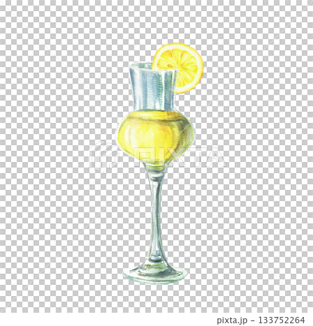 Limoncello glass with lemon sliced. Cocktail, liqueur, yellow beverage or shot drink glass. Realistic Watercolor hand painted for Italian summer drink menu list. illustration Isolated from background Limoncello glass with lemon sliced. Cocktail, liqueur, yellow beverage or shot drink glass. Realistic Watercolor hand painted for Italian summer drink menu list. illustration Isolated from background 133752264
