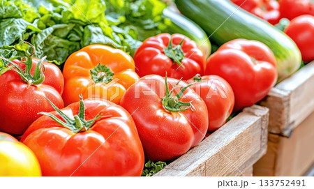 Colorful assortment of fresh organic vegetables at a farmers market stall Colorful assortment of fresh organic vegetables at a farmers market stall 133752491
