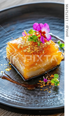 Delicate gourmet Eid dessert featuring vibrant colors and luxurious textures on a beautifully crafted plate Delicate gourmet Eid dessert featuring vibrant colors and luxurious textures on a beautifully crafted plate 133752496