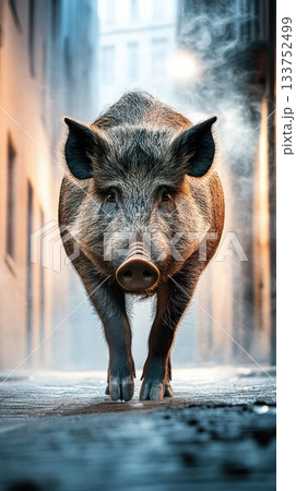 Powerful wild boar stands under streetlight in empty city alley with mist rising from pavement 133752499