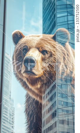 Gigantic grizzly bear gazes through high-rise window, blending nature with urban life Gigantic grizzly bear gazes through high-rise window, blending nature with urban life 133752500