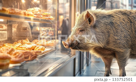 Wild boar curiously gazes at pastries in a bakery on a bustling city street Wild boar curiously gazes at pastries in a bakery on a bustling city street 133752501