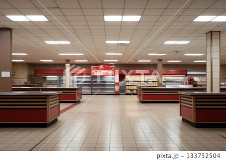 An untouched interior captures the essence of a vacant supermarket, where neatly organized aisles remain, offering a glimpse into its once lively ambiance now paused in time.. An untouched interior captures the essence of a vacant supermarket, where neatly organized aisles remain, offering a glimpse into its once lively ambiance now paused in time.. 133752504
