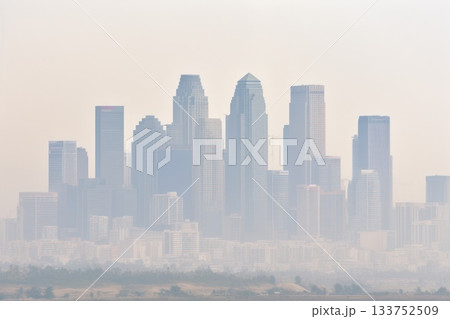 A dense haze hangs over the city skyline, a visual representation of the growing concern for air quality in urban environments. 133752509