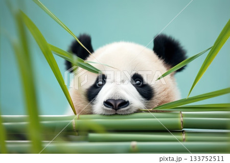 A playful giant panda cub peeks through lush green bamboo, its innocent gaze captivating against a soft blue background 133752511
