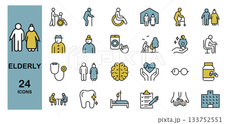 高齢者や介護に関するラインアイコンセット　カラー 133752551