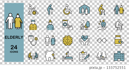與老年人和護理相關的線條圖示集（彩色） 133752551