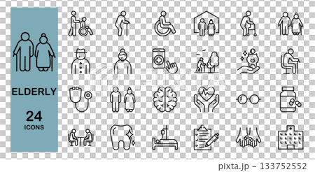 老年人和護理相關線條圖標集 133752552