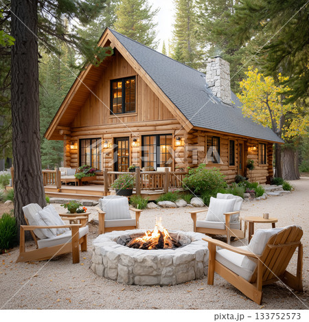 北欧風コテージと屋外家具が整う心地よいテラスシーン 133752573