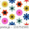 Vibrant floral seamless vector pattern displaying multiple color palette, organic geometric flower shapes intertwining across surface, ideal for textile design, wallpaper, decorative background 133752583