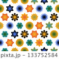 Gradient floral seamless pattern featuring colorful vector geometric blossoms and sparkling stars, decorating surfaces with whimsical, joyful visual design for textiles and graphics 133752584