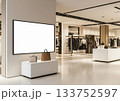 Spacious white billboard displaying latest fashion collection inside contemporary retail space, featuring sleek mannequins wearing trendy garments and branded shopping bags 133752597