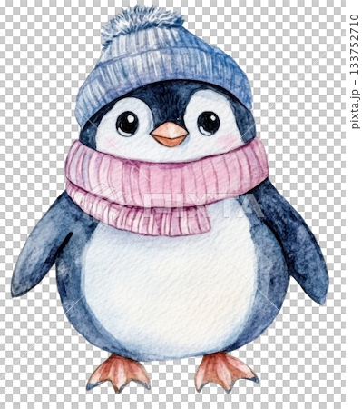 Cute pengin with scarf winter cartoon watercolor. 133752710