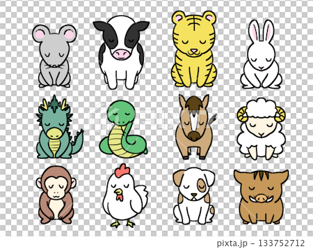 かわいい十二支のイラストセット 年賀状じまいの挨拶をしてる十二支 133752712
