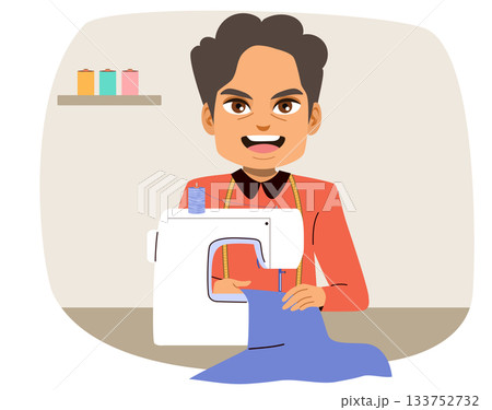 Man Sewing with Sewing Machine Cartoon Vector Illustration 133752732
