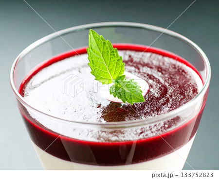Organic beetroot panna cotta, transparent leaf garnish, botanical clarity Organic beetroot panna cotta, transparent leaf garnish, botanical clarity 133752823