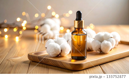 コットンと木皿に置かれたアロマオイル瓶、柔光のリラックス感 コットンと木皿に置かれたアロマオイル瓶、柔光のリラックス感 133752877