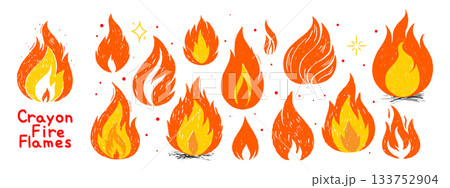 Crayon fire flames set. Hand drawn doodle flame collection with chalk texture. Vector illustration for sticker, graphic, and collage design. Crayon fire flames set. Hand drawn doodle flame collection with chalk texture. Vector illustration for sticker, graphic, and collage design. 133752904