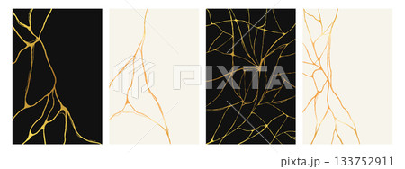 Golden kintsugi crack posters. Abstract Japanese style broken marble with gold lines. Vector background. Golden kintsugi crack posters. Abstract Japanese style broken marble with gold lines. Vector background. 133752911