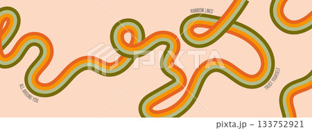 Retro 70s style pattern with rainbow stripes. Groovy vintage background with colorful wavy lines. Abstract vector illustration. 133752921