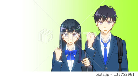 リュックとスクールバッグを持つ高校生または中学生の男女のアニメ風イラスト、グラデーション背景 リュックとスクールバッグを持つ高校生または中学生の男女のアニメ風イラスト、グラデーション背景 133752961
